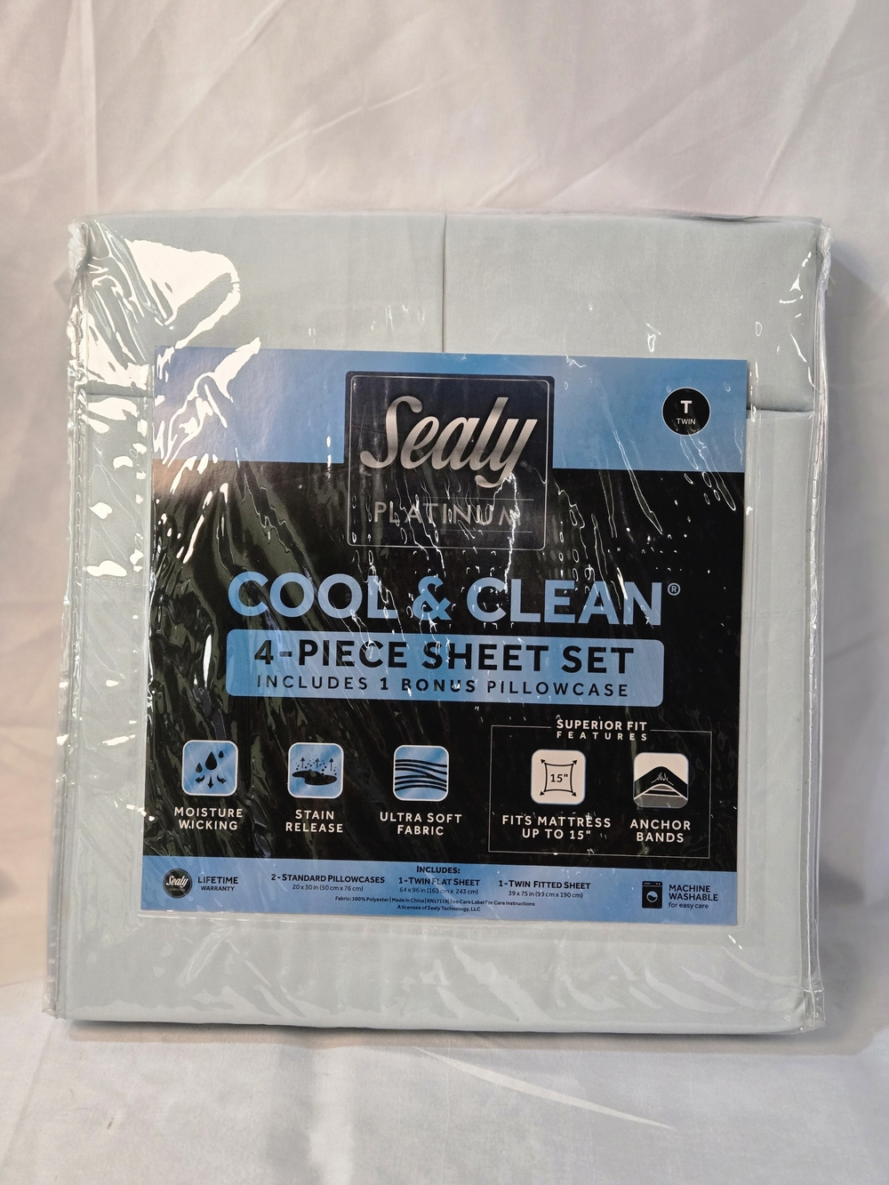 Sealy Platinum Cool & Clean 4-Piece Sheet Set - Light Blue